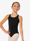 Front view of a child wearing a black camisole leotard with a scoop neckline.