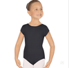 Black child short sleeve dance leotard worn by a dancer facing forward