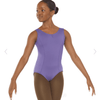 Child dancer wearing a lilac tank leotard with princess seam design, front view.