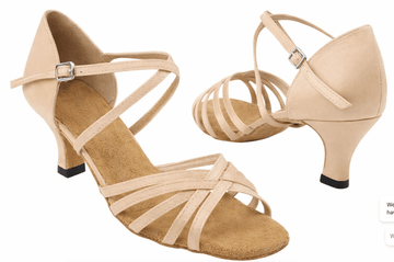 Very Fine women’s ballroom dance shoe in 192 Flesh Satin with a strappy design and flared heel