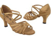 Brown satin women’s ballroom shoe with strappy design shown from a side angle