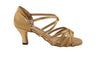 Pair of brown satin ballroom shoes shown from the side