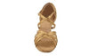 Top view of brown satin ballroom shoe showing strappy upper