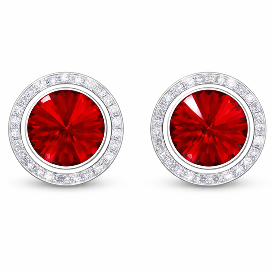 Siam rondel dance earrings with rivoli center shown as a pair on a white background.