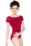 Dancer wearing a burgundy cap sleeve lace neckline leotard
