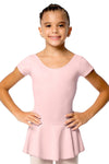Child wearing light pink cap sleeve dance dress with skirt, front view.