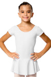 Child wearing white cap sleeve dance dress with attached skirt, front view.