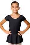 Child wearing black cap sleeve dance dress with attached skirt, front view.