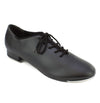 Side view of black lace-up tap shoe