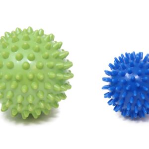 Green and blue spiky massage balls in two sizes for muscle recovery and tension relief.