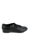 Black lace-up children’s tap shoe shown from outer side.