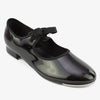 Black child tap shoe shown from a side angle