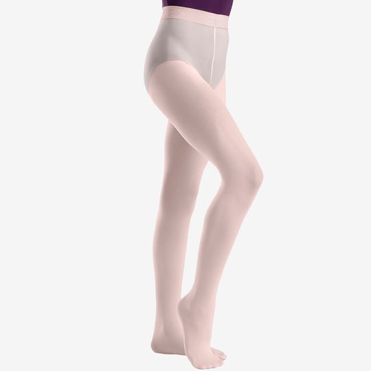 Child wearing ballet pink footed dance tights, full leg view