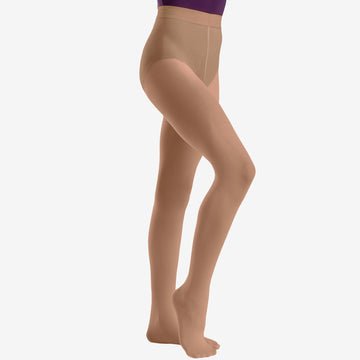 Child wearing light suntan footed dance tights, full leg view