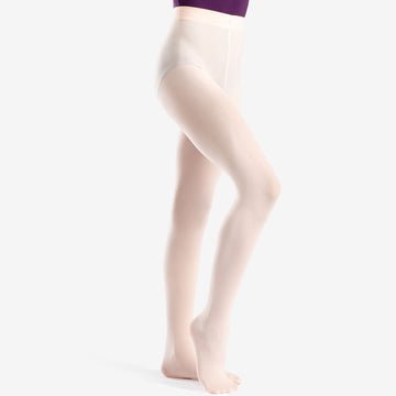 Child wearing pink footed dance tights, full leg view