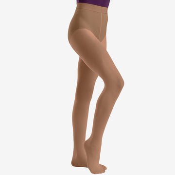 Child wearing suntan footed dance tights, full leg view