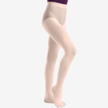 Child wearing theatrical pink footed dance tights, full leg view