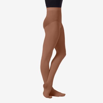 Child wearing mocha footed dance tights, full leg view