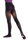 Dancer wearing black convertible tights standing in ballet position.