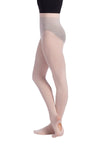 Adult convertible dance tights showing transition to footless option, side view.