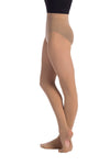 Adult dancer wearing convertible tights in caramel tone, side view.