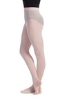 Adult dancer wearing convertible dance tights in light pink, side view.