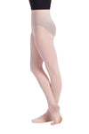 Dancer wearing performance pink mesh convertible tights standing pose