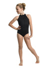 Child wearing black halter leotard front view with pleated bodice detail