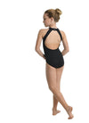 Child wearing black halter leotard back view showing keyhole back and clasp closure