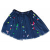 Navy blue children’s tulle tutu with multi-colored pom pom accents layered throughout.