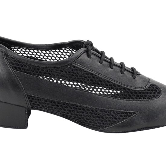 Side view of black leather Very Fine ballroom shoe with lace-up front
