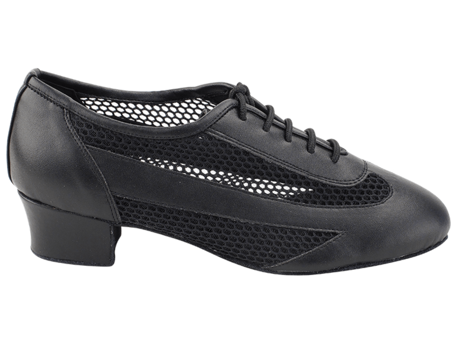 Side view of black leather Very Fine ballroom shoe with lace-up front