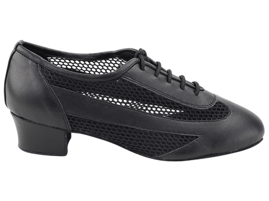 Side view of black leather Very Fine ballroom shoe with lace-up front