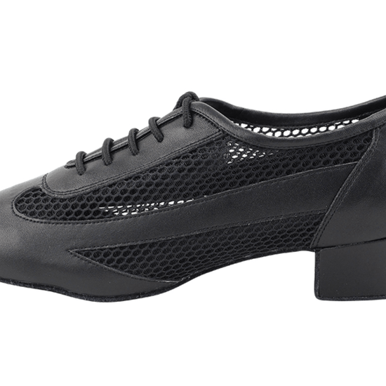 Outer side view of black leather Very Fine ballroom shoe with heel