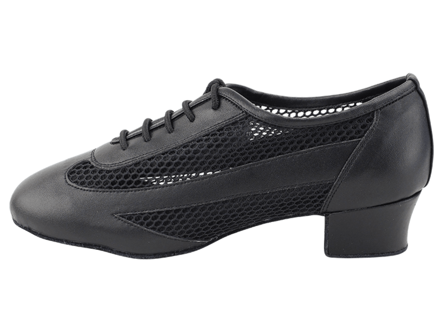 Outer side view of black leather Very Fine ballroom shoe with heel