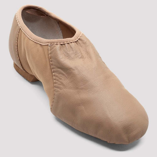 Single tan slip-on leather jazz shoe angled slightly to the side on a white background.