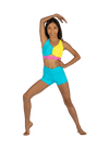 Young dancer wearing a colorful asymmetrical dance top with matching shorts, posing with one arm raised.