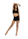 Young dancer wearing a black criss cross back crop top and matching shorts