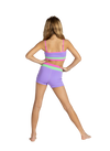 Young dancer wearing a lavender and pink crop dance top with matching shorts