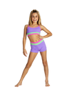 Young dancer wearing lavender and pink dance shorts with a matching top