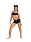 Young dancer wearing a black and pink crop dance top with matching bottoms