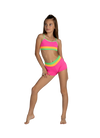 Young dancer wearing a bright pink and coral crop dance top with matching bottoms
