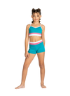 Younger dancer wearing a teal and pink crop dance top with matching bottoms. 