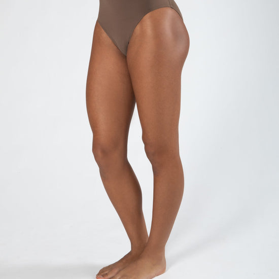 Brown high-waisted bikini bottom on a white background