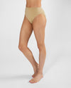 Front angled close-up of nude high cut dance brief on model