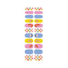 Colorful checkerboard and floral patterned nail wraps displayed on a white background