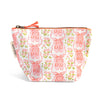 A small zippered pouch with a white background and an all-over print of pink ballet shoes, pink flowers, and green leaves. The pouch has a peach zipper and pull, and a fabric tag on the left side that reads 'Peach Pouch'.