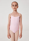 Young dancer wearing pink Nikolay Little Alla camisole leotard front view