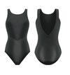 Adult black tank leotard with curved front and bodice paneling, front view.