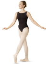 Adult black tank leotard showing high V-back design, back view.